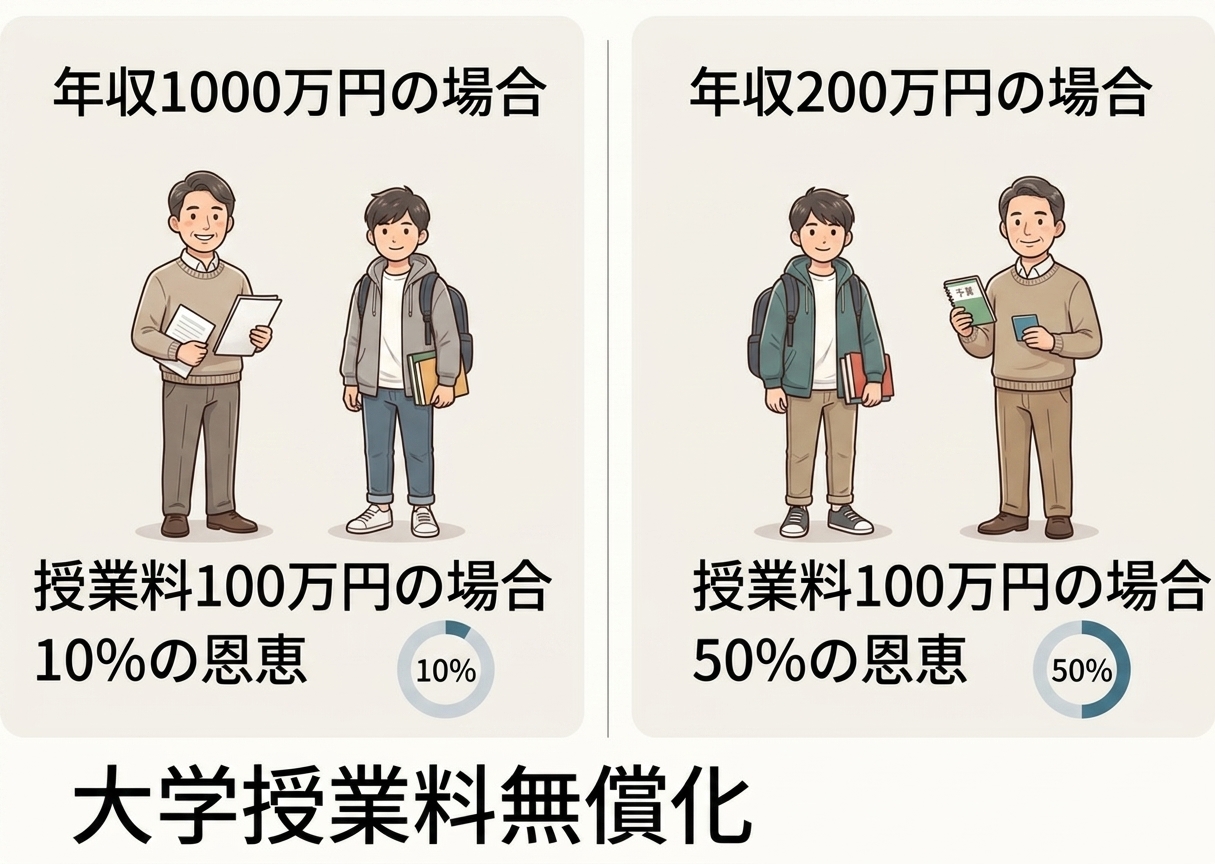 大学授業料無償化のイメージ図。年収1000万円の場合は授業料100万円で10%の恩恵、年収200万円の場合は同じ100万円で50%の恩恵となる