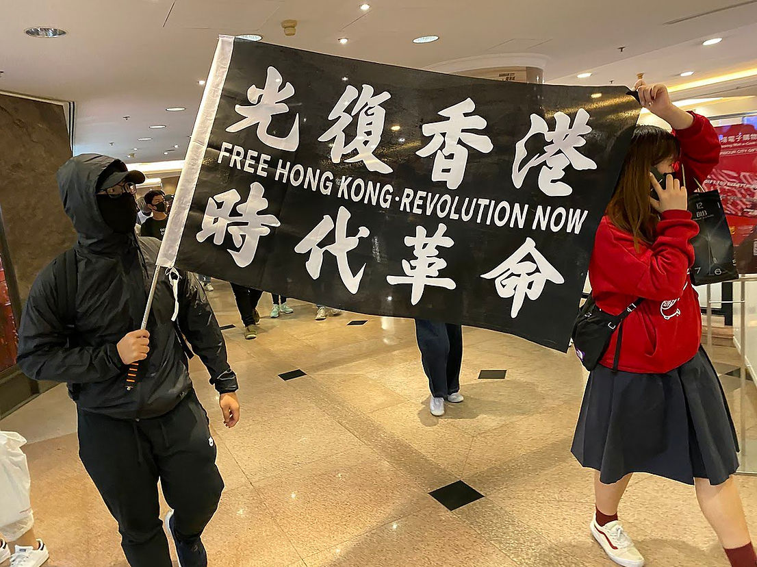 「FREE HONG KONG・REVOLUTION NOW 光復香港 時代革命」の旗を掲げるデモ参加者の写真